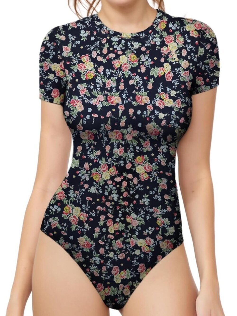 2/$30 Mangopop Floral Print Short Sleeve Bodysuit Black Multi Small #A1866